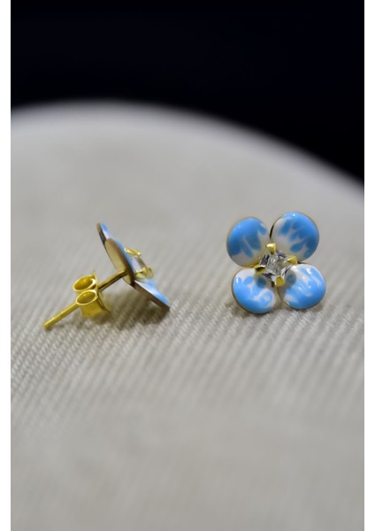 925 Ayar Gümüş Kaplama Zirkon Taşlı Mavi Mineli Yonca Küpe