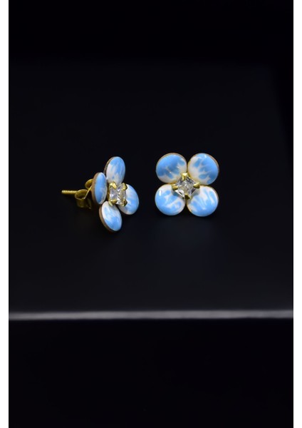 925 Ayar Gümüş Kaplama Zirkon Taşlı Mavi Mineli Yonca Küpe fiyatları