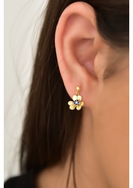 925 Ayar Gümüş Kaplama Zirkon Taşlı Lacivert Tohumlu Frezya Çiçeği Küpe