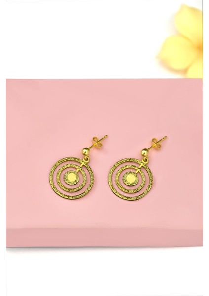 925 Ayar Gümüş Kaplama Greek Desenli Iç Içe Daire Top Küpe