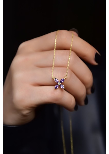 925 Ayar Gümüş Kaplama Mor Zirkon Taşlı Plumeria Kolye