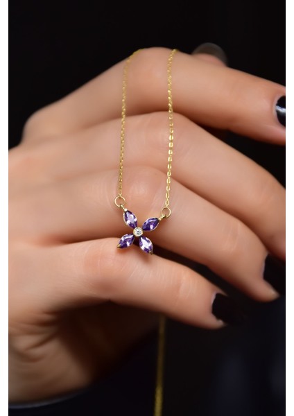 925 Ayar Gümüş Kaplama Mor Zirkon Taşlı Plumeria Kolye modelleri