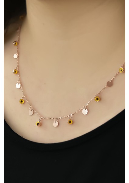 925 Ayar Gümüş Kaplama Sarı Cam Göz Pul Kolye