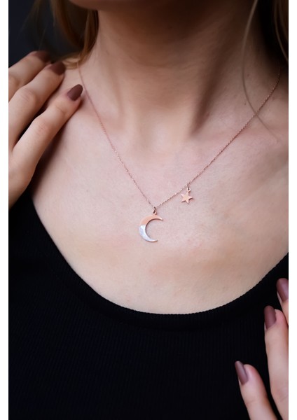 925 Ayar Gümüş Kaplama Sedef Mineli Hilal Yıldız Halka Kadın Kolye