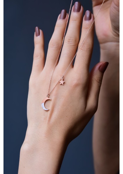 925 Ayar Gümüş Kaplama Sedef Mineli Hilal Yıldız Halka Kadın Kolye fiyatları