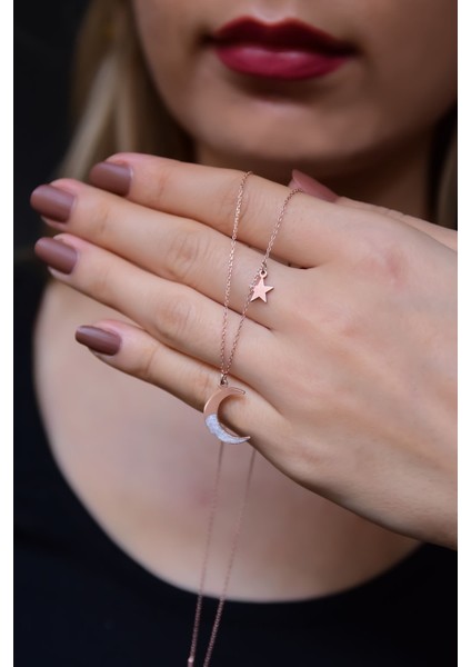 925 Ayar Gümüş Kaplama Sedef Mineli Hilal Yıldız Halka Kadın Kolye modelleri