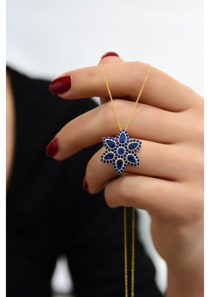 925 Ayar Gümüş Kaplama Safir Damla Lotus Kolye