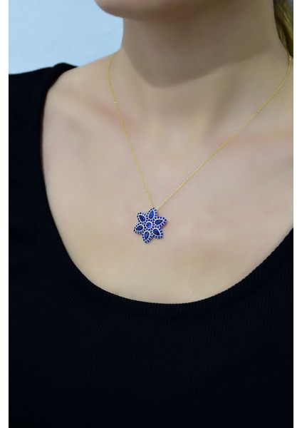 925 Ayar Gümüş Kaplama Safir Damla Lotus Kolye