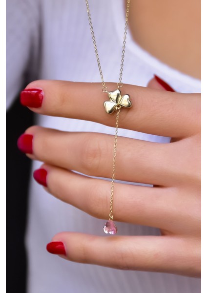 925 Ayar Kaplama Pembe Taşlı Kalp Yonca Kadın Kolye