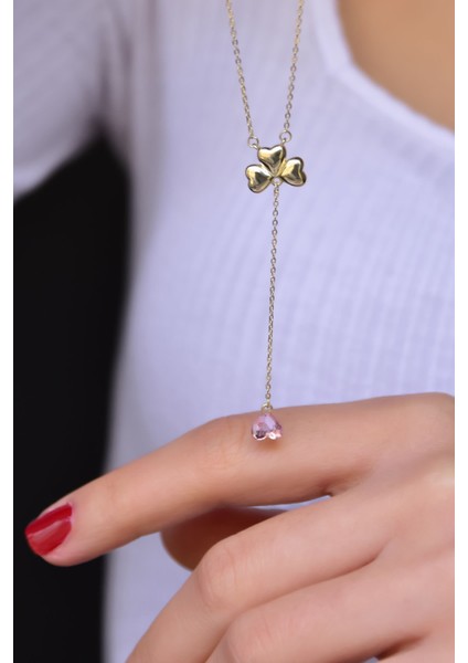 925 Ayar Kaplama Pembe Taşlı Kalp Yonca Kadın Kolye fiyatları