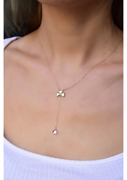 925 Ayar Kaplama Pembe Taşlı Kalp Yonca Kadın Kolye modelleri