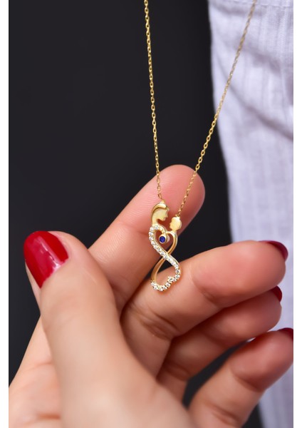 925 Ayar Gümüş Kaplama Mavi Taşlı Sonsuzluk Anne Erkek Çocuk Kolye