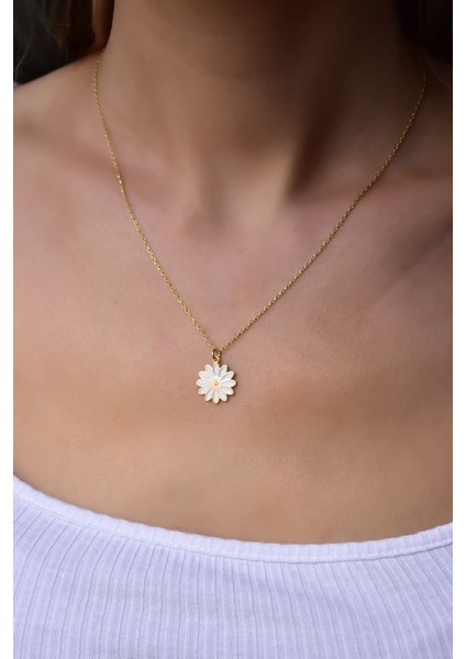 925 Ayar Gümüş Kaplama Beyaz Mineli Gerbera Çiçeği Kolye