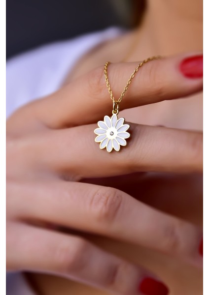 925 Ayar Gümüş Kaplama Beyaz Mineli Gerbera Çiçeği Kolye fırsatları