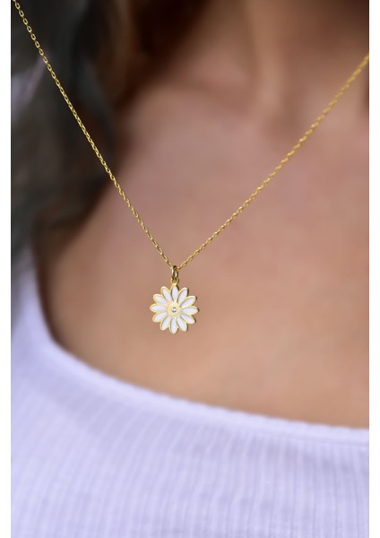 925 Ayar Gümüş Kaplama Beyaz Mineli Gerbera Çiçeği Kolye indirimleri