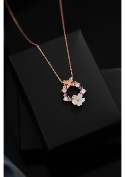 925 Ayar Gümüş Kaplama Kelebekli Sedef Manolya Çiçeği Kolye