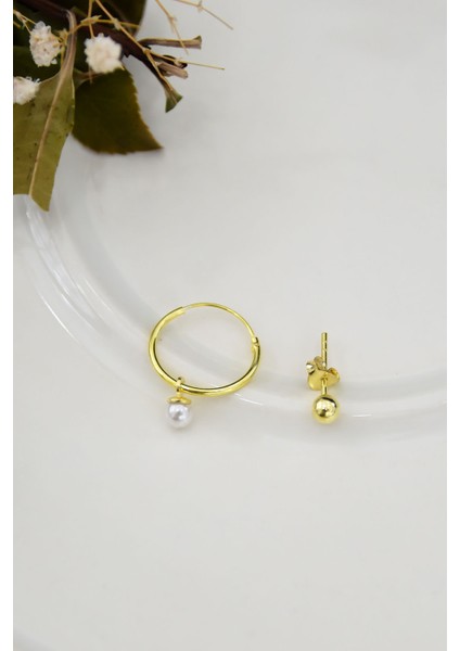 925 Ayar Gümüş Kaplama Inci Taşlı Halka ve Top Küpe