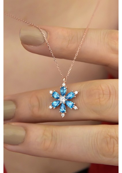 925 Ayar Gümüş Mavi Taşlı Kamelya Çiçeği Kadın Kolye