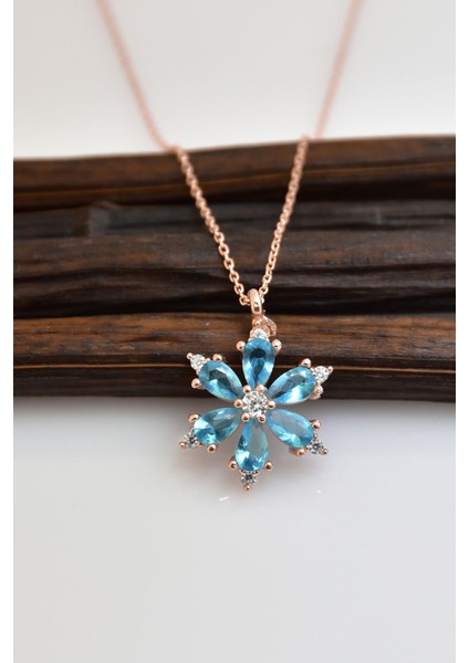 925 Ayar Gümüş Mavi Taşlı Kamelya Çiçeği Kadın Kolye fiyatları