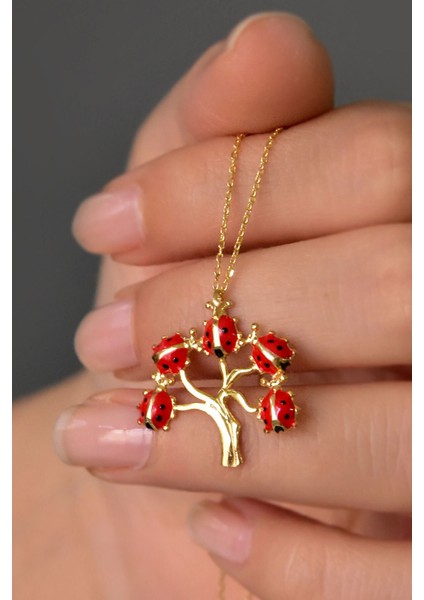 925 Ayar Gümüş Kaplama Uğur Böcekli Hayat Ağacı