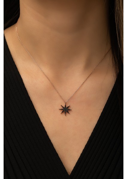 Kutup Yıdızı Siyah Nano Zirkon Taşlı Kolye Kaplama 925 Ayar Gümüş