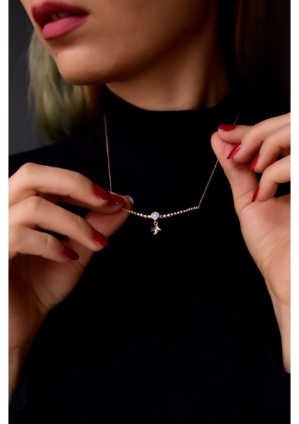 925 Ayar Gümüş Kaplama Top Motifli Lila Ay Taşı Kırlangıç Kolye