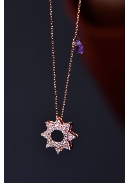 925 Ayar Gümüş Kaplama Zirkon Taşlı Mor Yıldız Sallantılı Montür Güneş Kolye