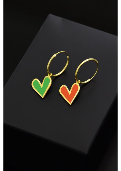 925 Ayar Gümüş Kaplama Turuncu Yeşil Mineli Kalp Küpe