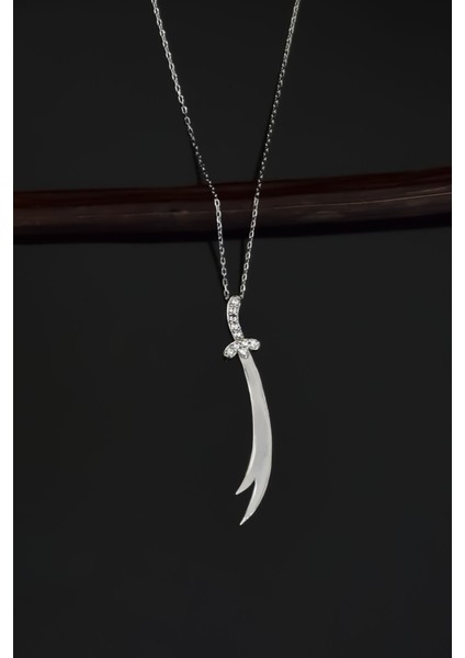 925 Ayar Gümüş Kaplama Dikey Taşlı Zülfikar Kılıç Kolye