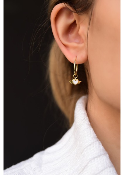 925 Ayar Gümüş Kaplama Mineli Kalpli Kanat Halka Küpe