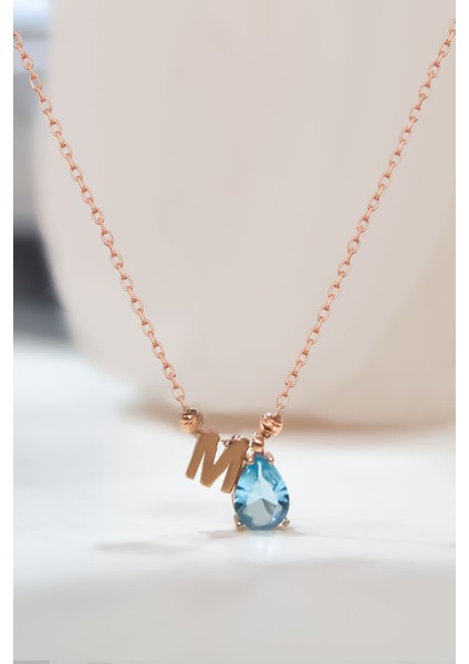 925 Ayar Gümüş Kaplama Mart Ayı Damla Doğum Taşlı Dorika Toplu , Harfli Kolye