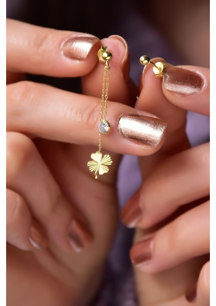 925 Ayar Gümüş Kaplama Kalemli Zincir Yonca, Taşlı ve Top Küpe