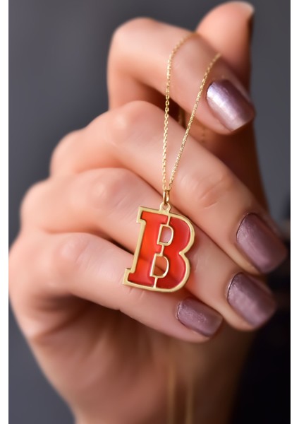 925 Ayar Gümüş Kaplama Parlayan Rüya Serisi Ebruli Cam Boyalı Turuncu B Harfi Kolye