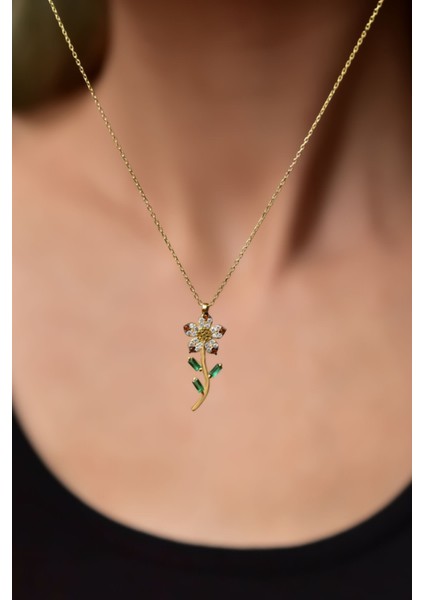 925 Ayar Gümüş Kaplama Turuncu Taşlı Papatya Kolye