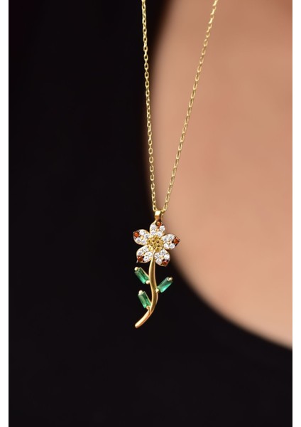 925 Ayar Gümüş Kaplama Turuncu Taşlı Papatya Kolye fiyatları