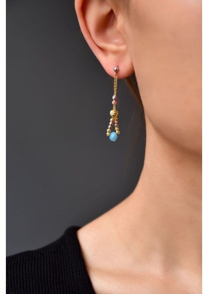 925 Ayar Gümüş 3 Renk Dorika Toplu Okyanus Mavi Taşlı Küpe