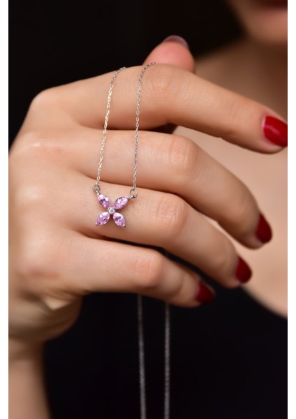 925 Ayar Gümüş Kaplama Pembe Zirkon Taşlı Plumeria Kolye