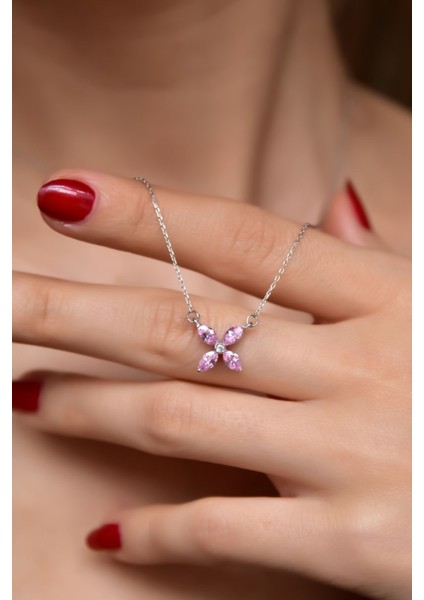 925 Ayar Gümüş Kaplama Pembe Zirkon Taşlı Plumeria Kolye modelleri
