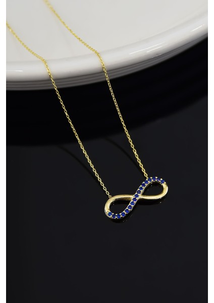 925 Ayar Gümüş Kaplama Yarım Lacvert Taşlı Sonsuzluk Kadın Kolye