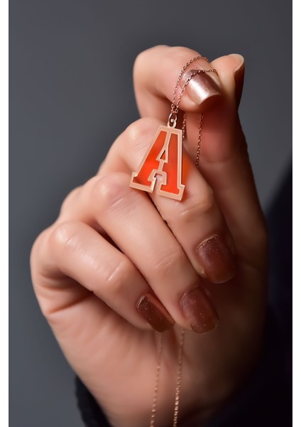 925 Ayar Gümüş Kaplama Parlayan Rüya Serisi Ebruli Cam Boyalı Turuncu A Harfi Kolye