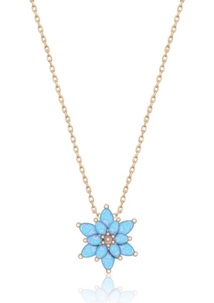 925 Ayar Gümüş Orjinal Açık Mavi Doğal Opal Taşlı Lotus Kolye