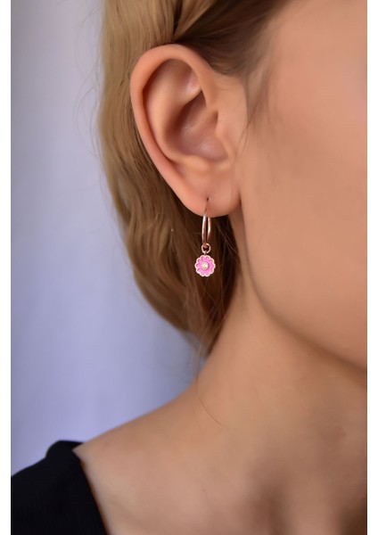 925 Ayar Gümüş Kaplama Pembe Mineli Papatya Halka Küpe