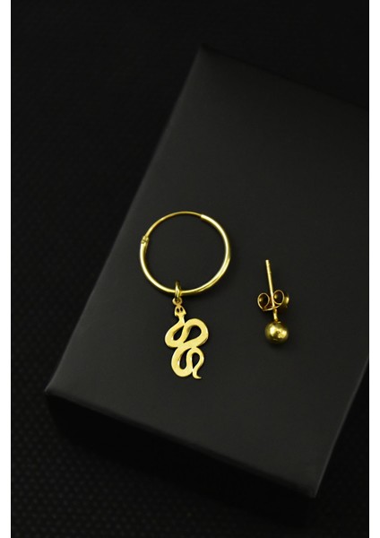 925 Ayar Gümüş Kaplama Yılan Figürlü Halka ve Top Küpe