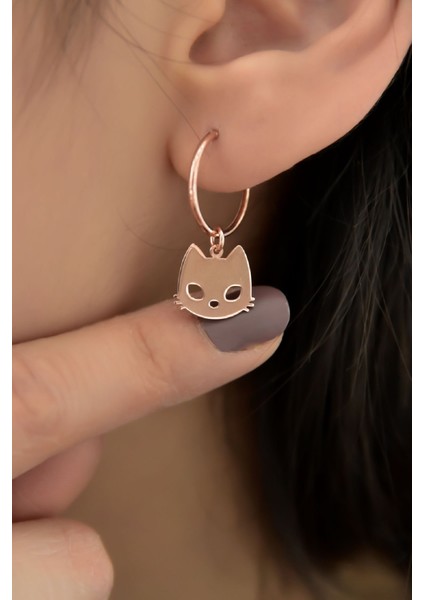 925 Ayar Gümüş Kaplama Kedi Figürlü Halka ve Top Küpe