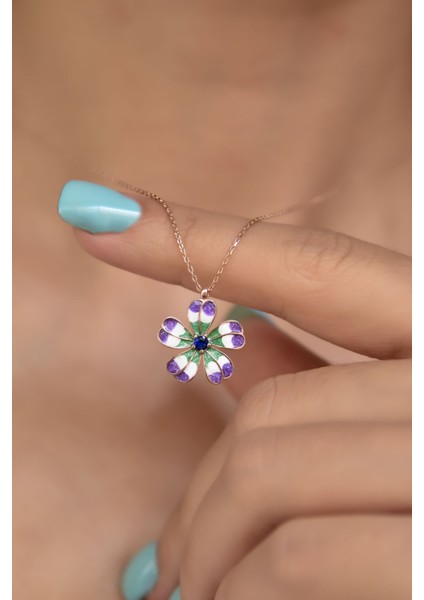 925 Ayar Gümüş Kaplama Mineli Lacivert Tektaş Yonca Kolye