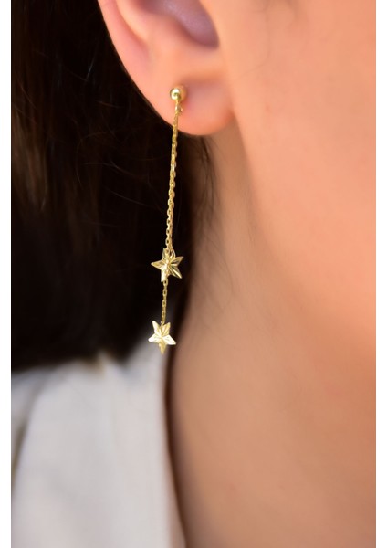 925 Ayar Gümüş Kaplama Toplu Sallantılı Yıldız Zincir Küpe