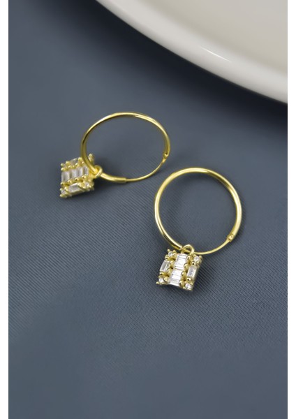 925 Ayar Gümüş Kaplama Baget Taşlı Kare Halka Küpe fiyatları