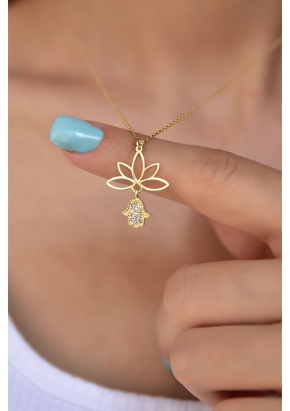 Gümüş Kaplama Fatma Ana Eli Lotus Çiçeği Kolye 925 Ayar