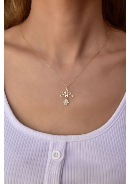 Gümüş Kaplama Fatma Ana Eli Lotus Çiçeği Kolye 925 Ayar modelleri
