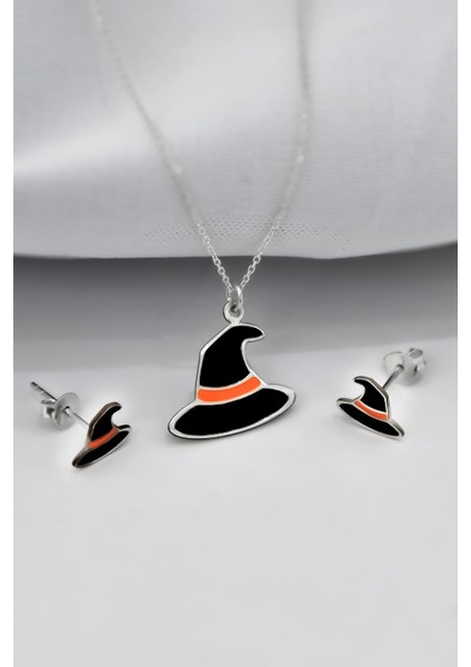 925 Ayar Gümüş Kaplama Siyah Mineli Cadılar Bayramı, Cadı Şapkası Küpe ve Kolye Set